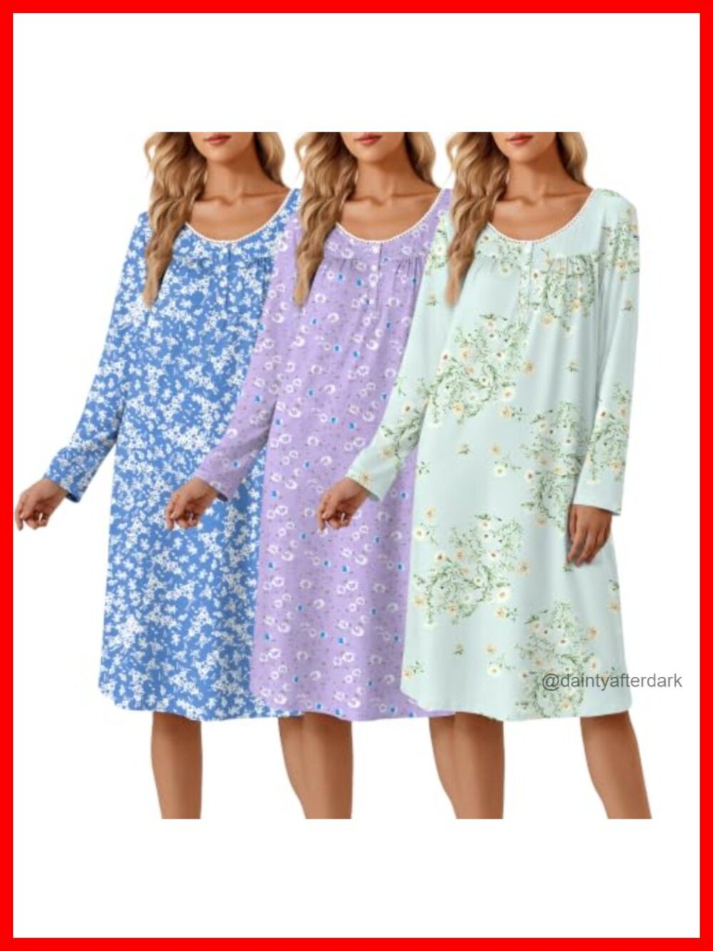 3 Pack Long Sleeve Henley Nightgown Sleepshirt Loungewear